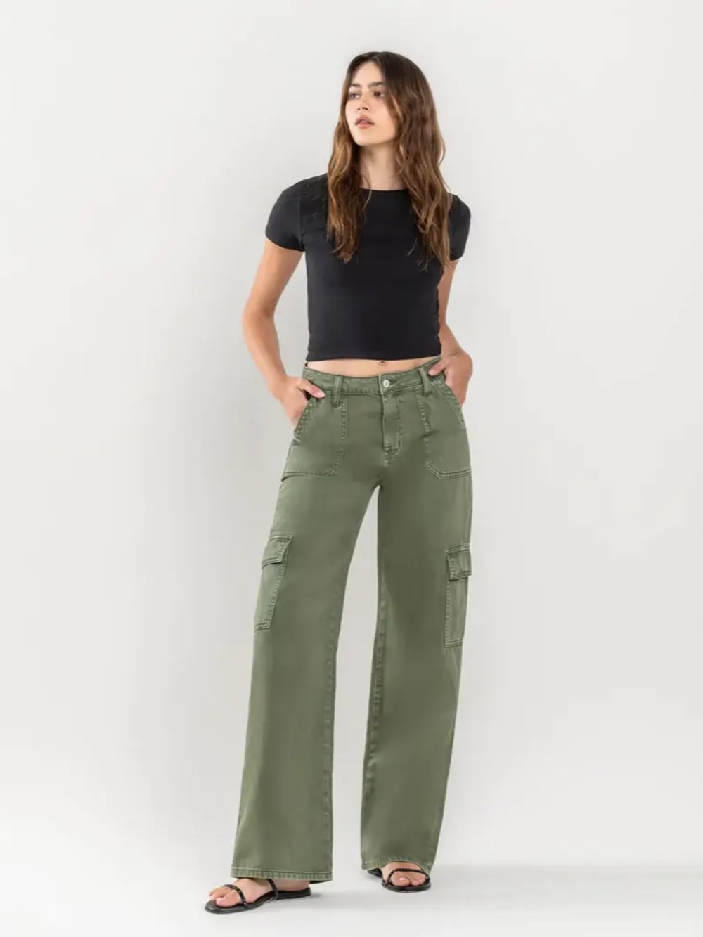 Army Green Wide Leg High Rise Utility Cargo Jeans